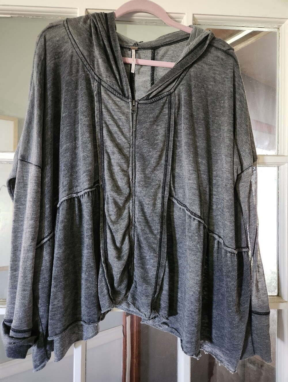 Free People Gray Oversized Zip Hoodie Women’s Small Raw Seam Patchwork Boho S